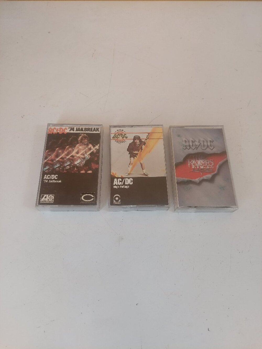 3 AC/DC  Audio Cassettes High Voltage, The Razors Edge & 74 Jailbreak